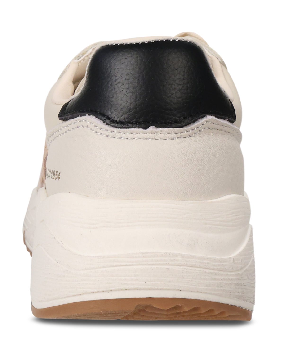 Close-up rear view of a chunky sneaker in off-white leather with a black heel tab and a gum brown outsole.