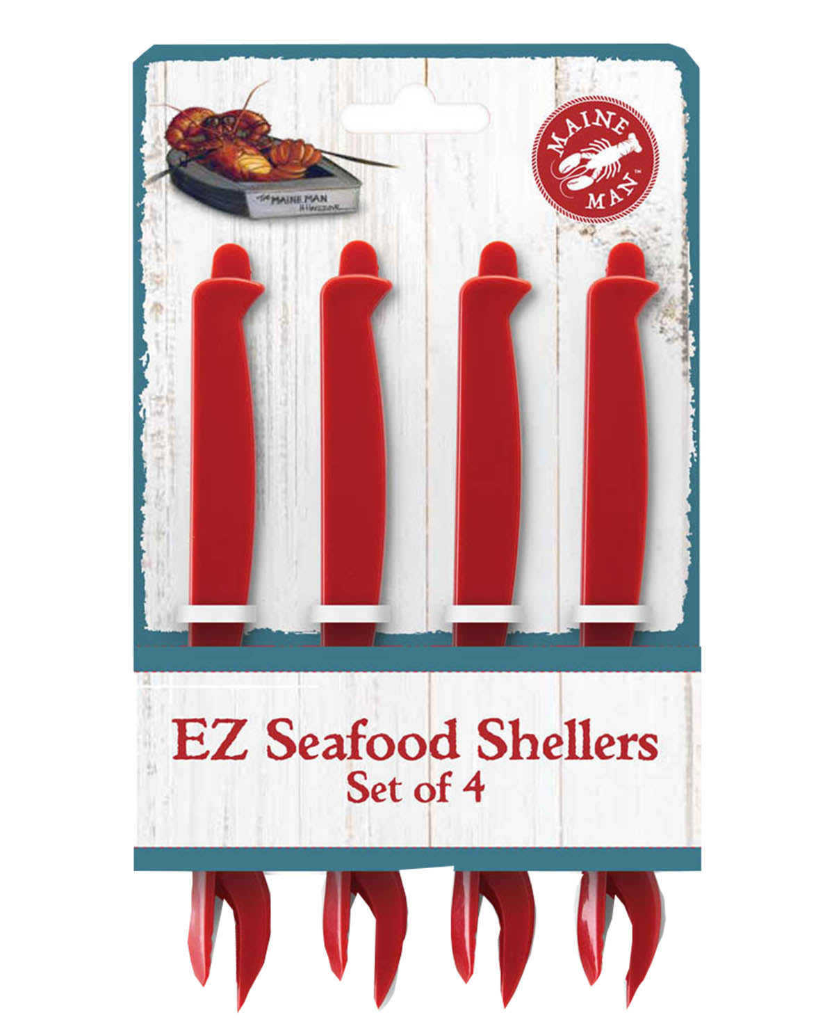 Set of 4 red seafood shellers on a branded packaging with 'Make Man' logo.