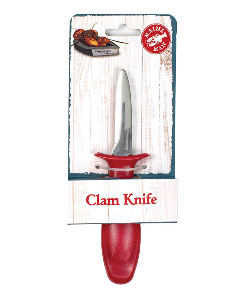 Red clam knife with white blade on a branded packaging