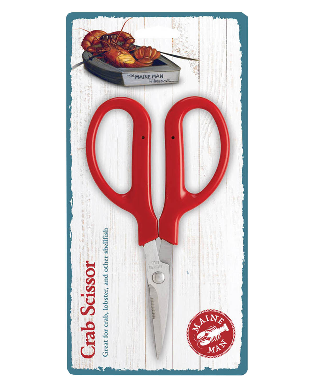 Red crab scissors on a white background with 'Maine' branding.