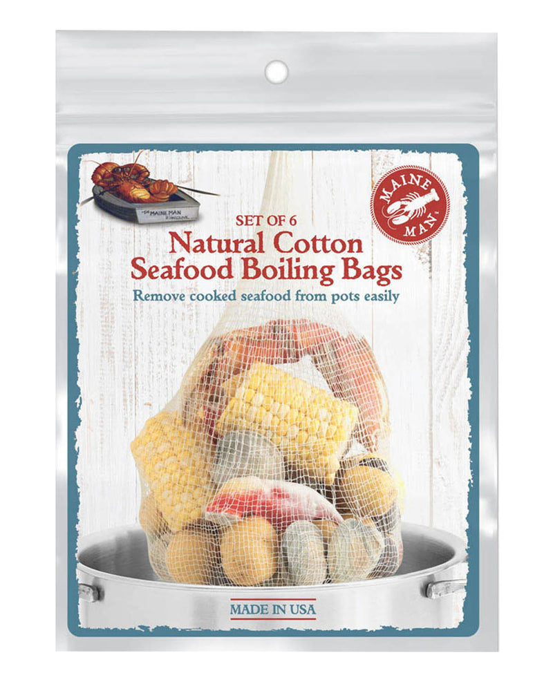 Packaging of Maine Man Natural Cotton Seafood Boiling Bags with images of corn and fish.
