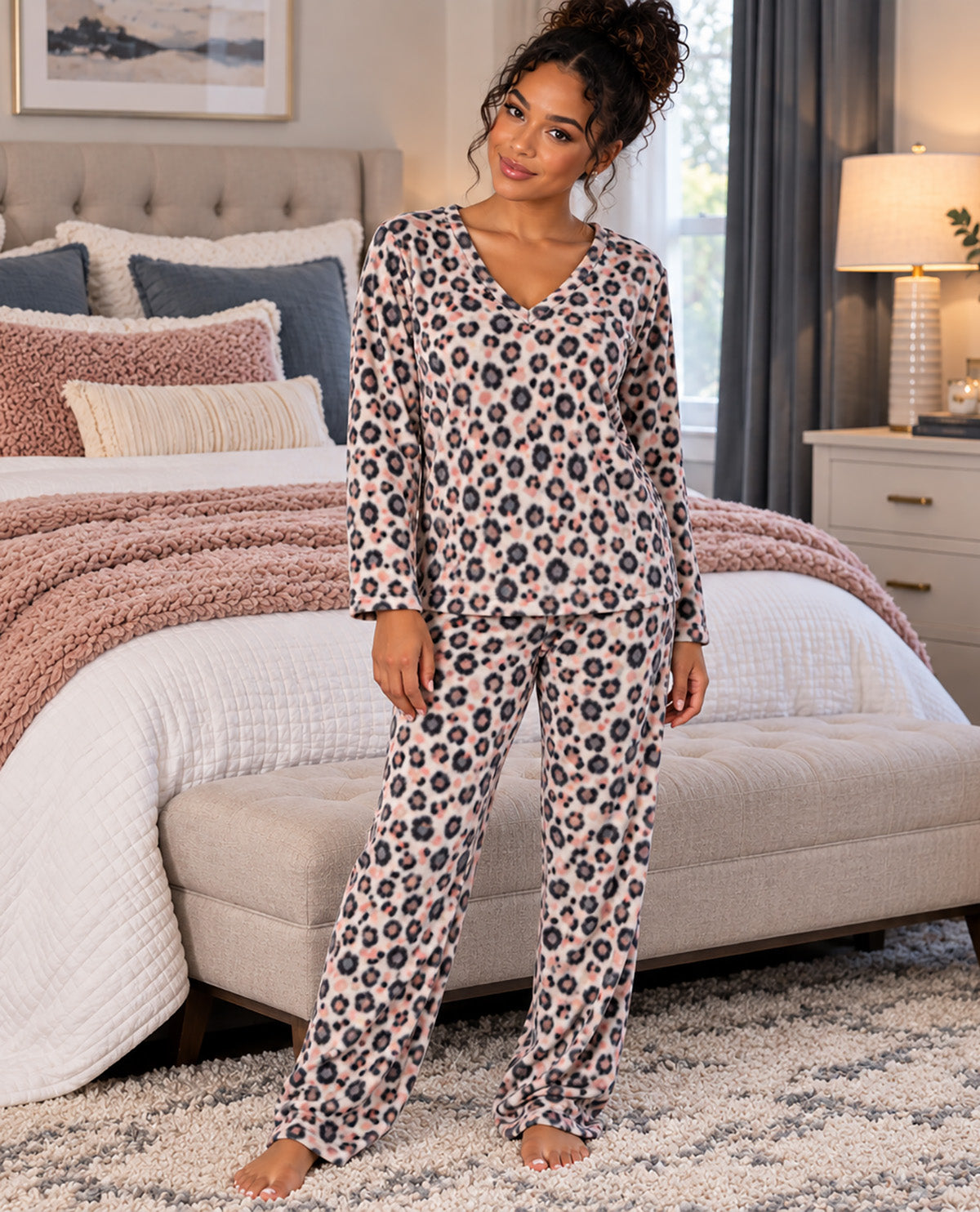Missy model wearing an animal print long sleeve pj set with a bedroom background