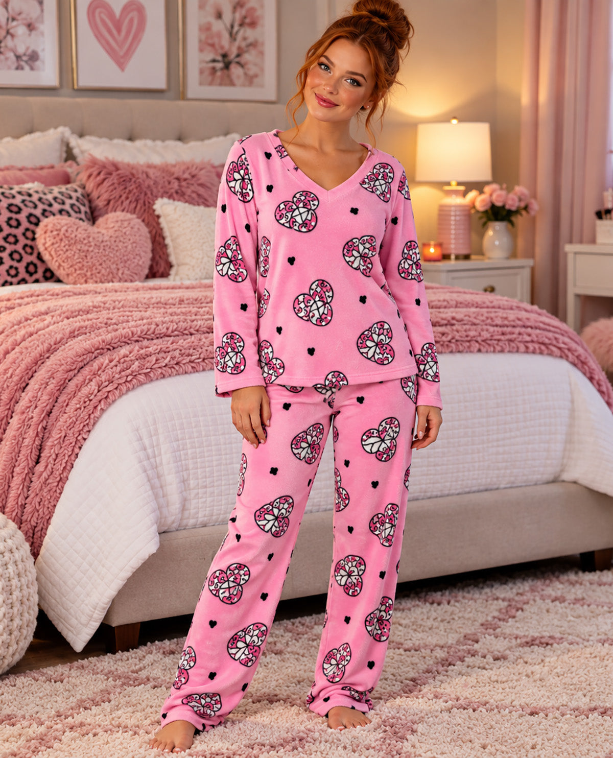Missy model wearing a pink long sleeve pj set with a hearts design with a bedroom background
