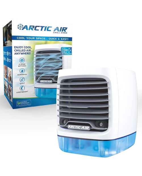 Arctic Air Chill Zone portable mini air conditioner shown in front of its retail packaging box on a clean white background.
