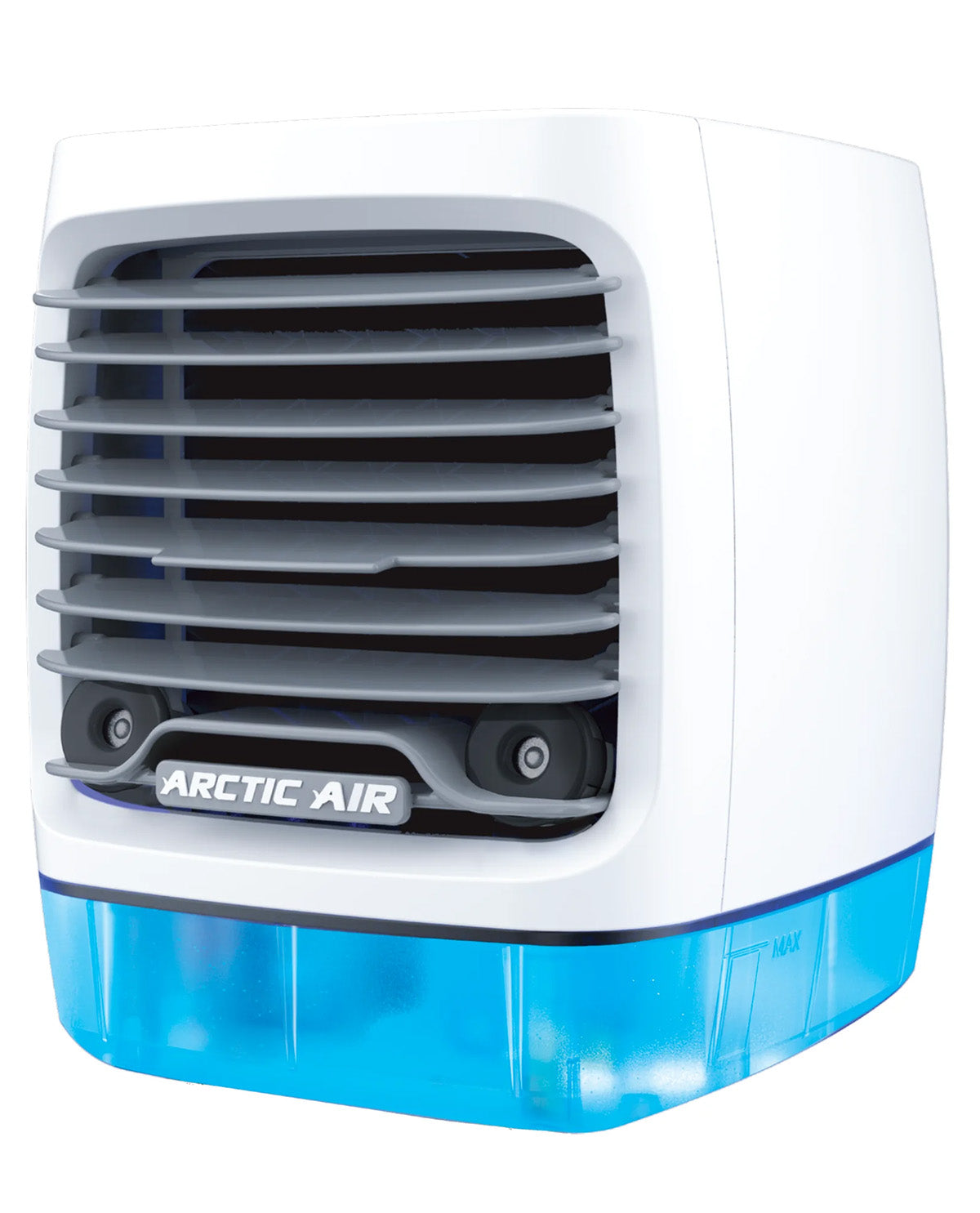 Arctic Air portable mini cooler and dehumidifier with a white plastic body, gray front grille, and a translucent blue water reservoir at the base.