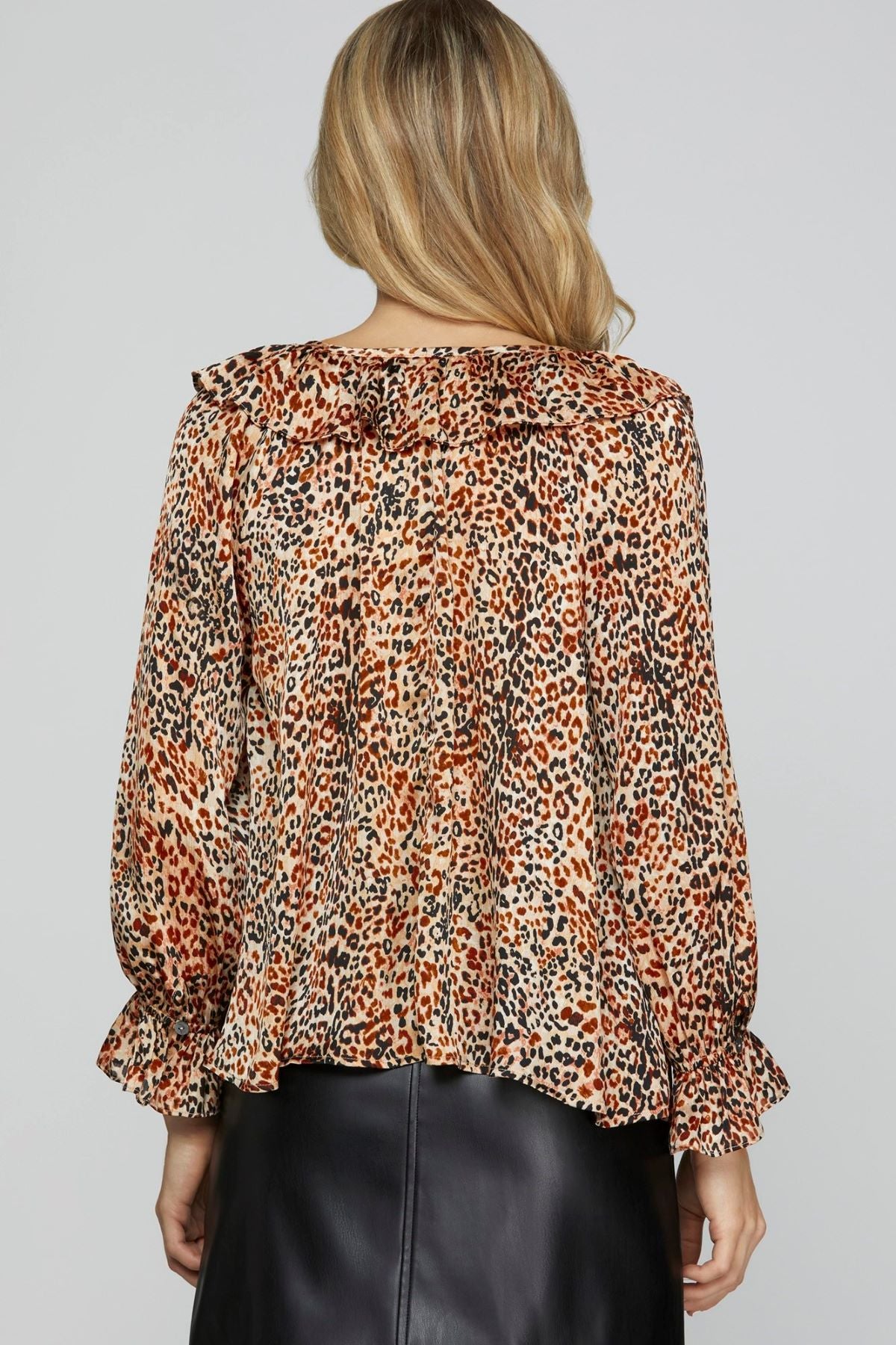 3/4 Sleeves Ruffle Neck Leopard Print Satin Top