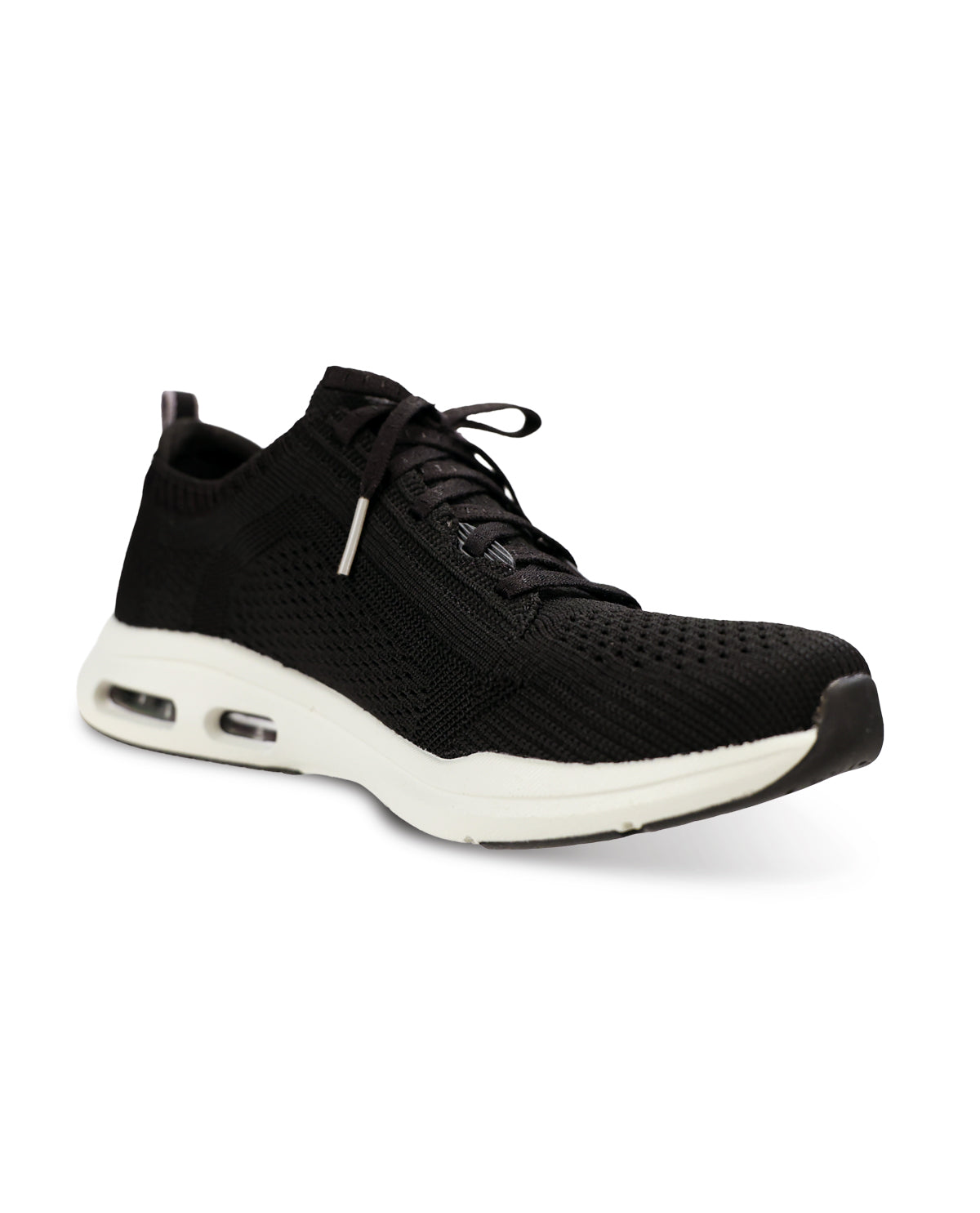 A black knit athletic sneaker with a thick white midsole featuring visible air cushioning units, shown from a three-quarters angle on a white background.