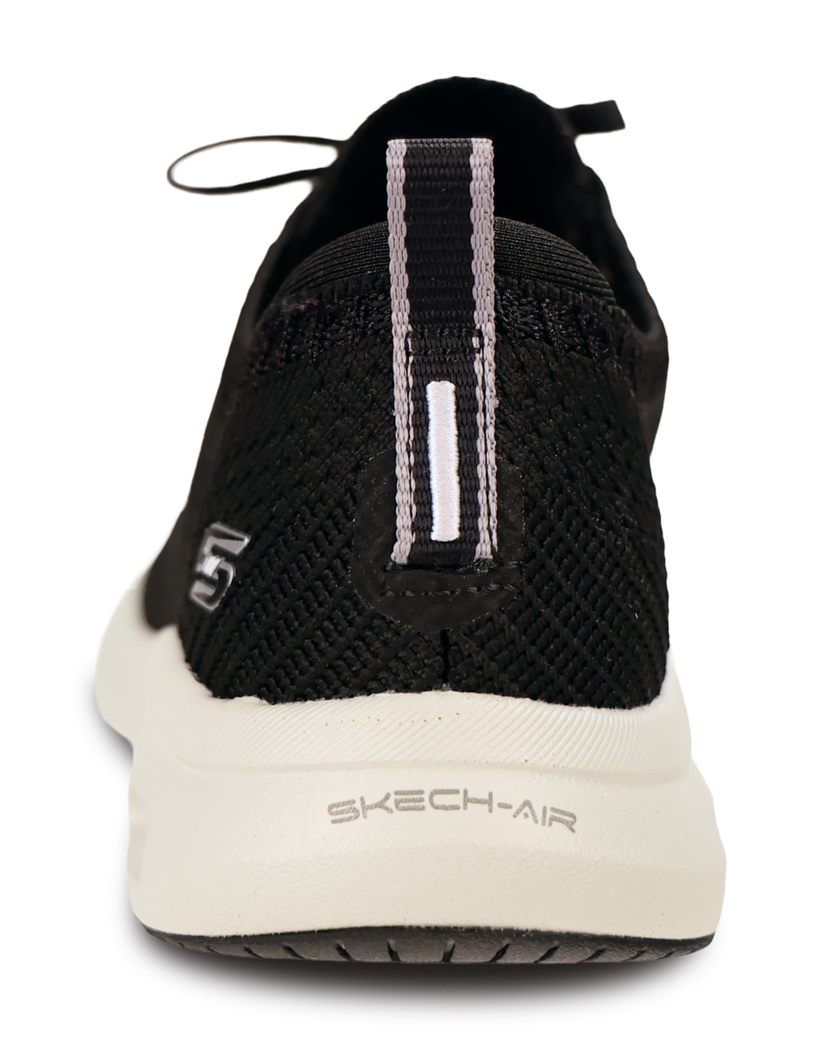 Close-up rear view of a black Skechers running shoe with a thick off-white sole and a vertical pull tab on the heel.