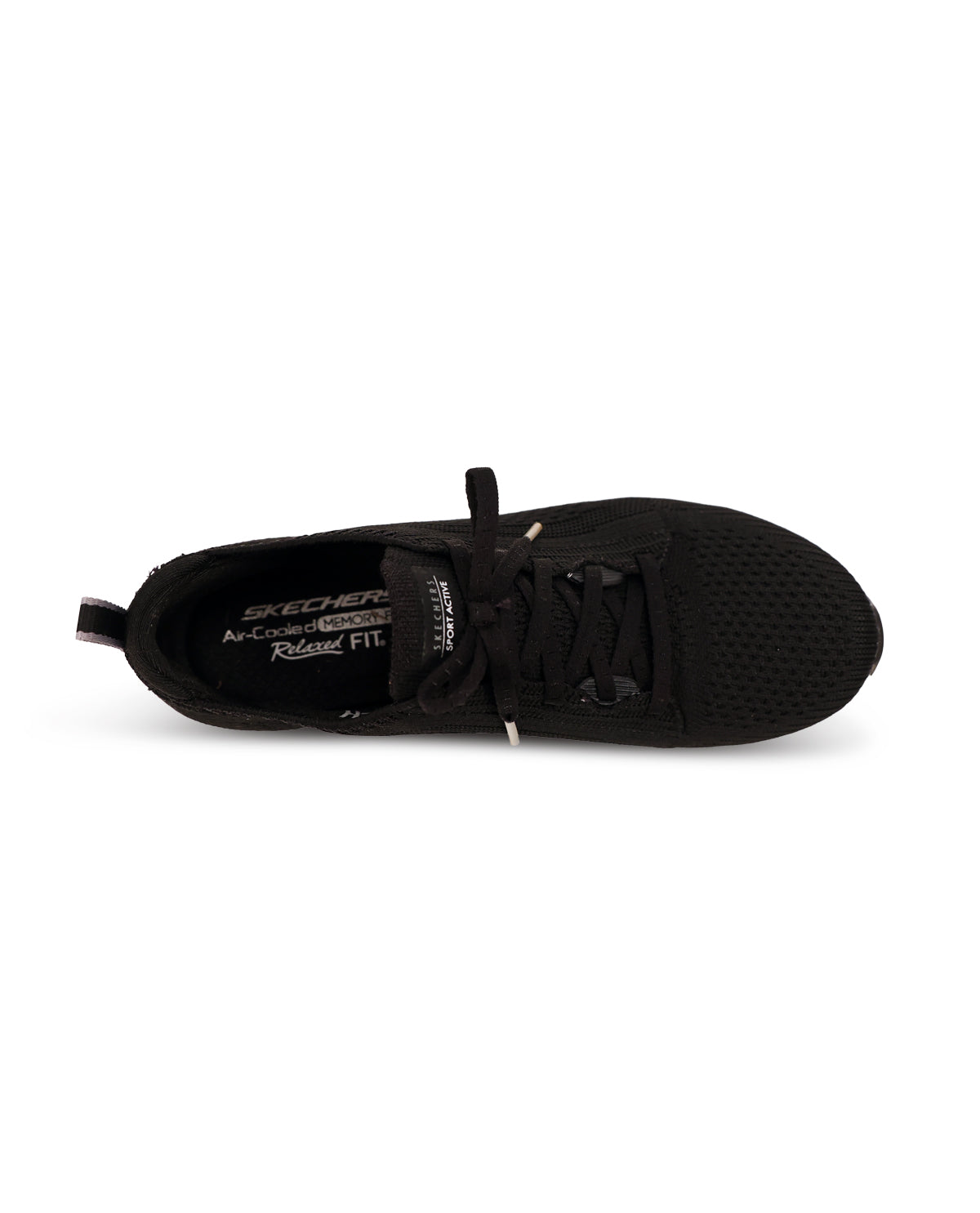 A black knit athletic sneaker with a thick, chunky off-white midsole and a small gold accent near the laces, shown from a three-quarters angle on a white background.