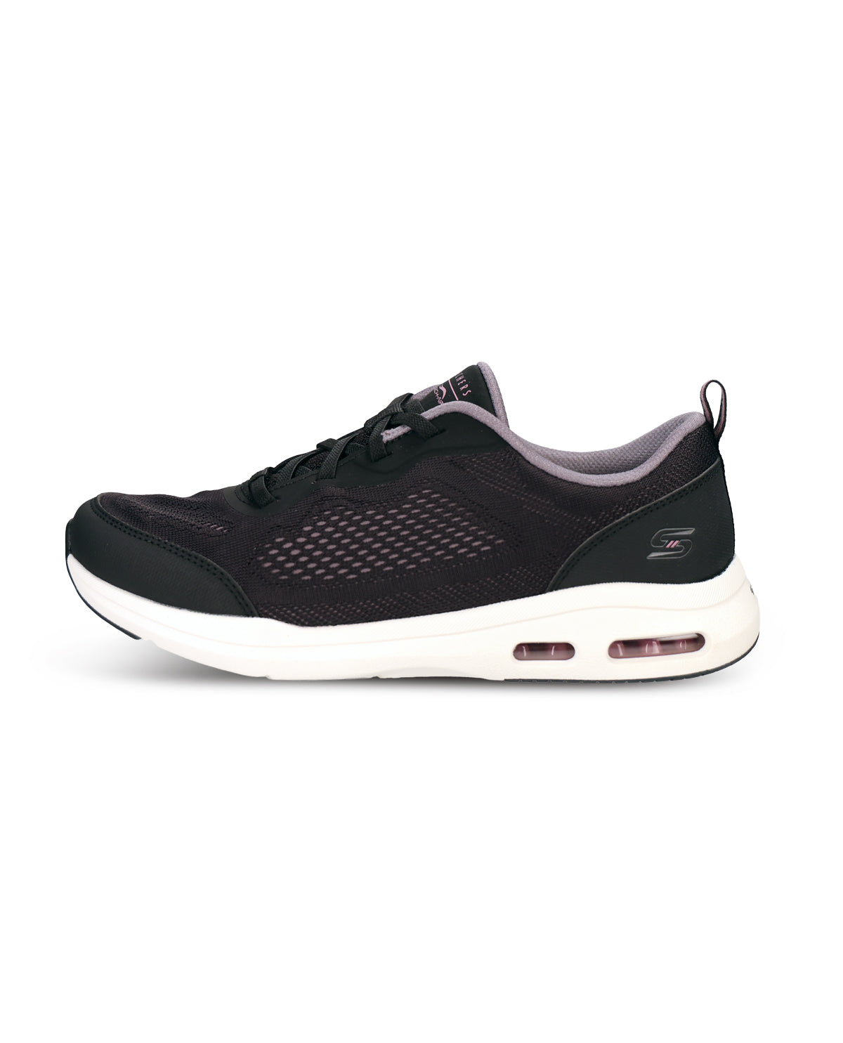 A black Skechers athletic sneaker with a white midsole and a subtle purple-gray lining, shown from a side profile on a white background.
