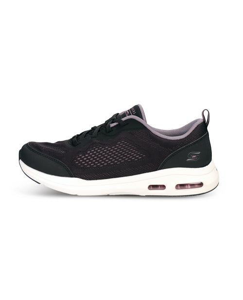 A black Skechers athletic sneaker with a white midsole and a subtle purple-gray lining, shown from a side profile on a white background.