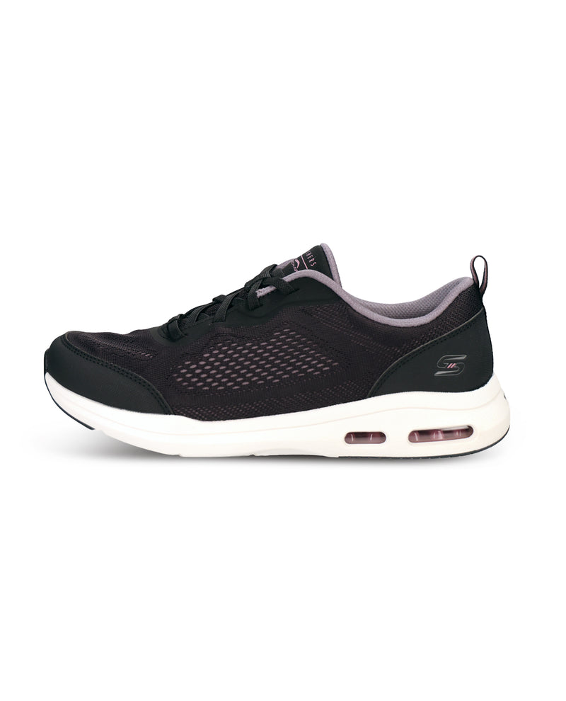 A black Skechers athletic sneaker with a white midsole and a subtle purple-gray lining, shown from a side profile on a white background.