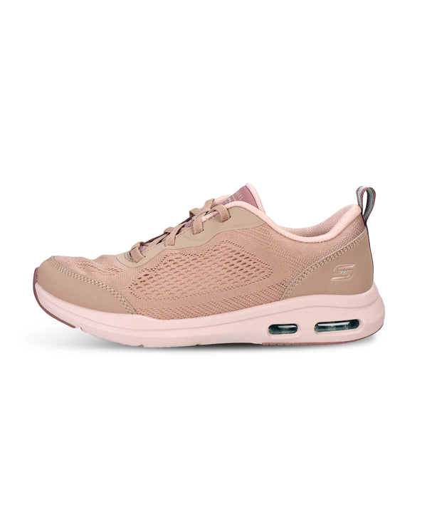 A single women's athletic sneaker in a beige colorway, shown from the side profile against a plain white background.