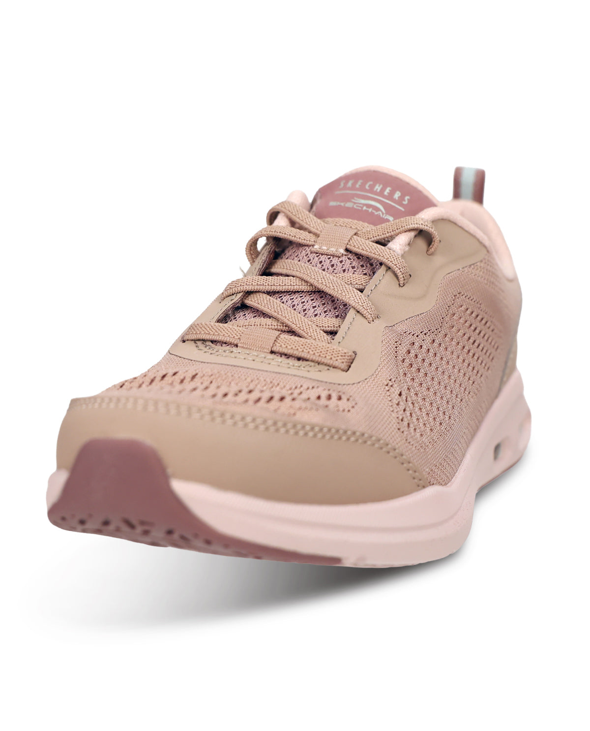 A Skechers athletic sneaker in a dusty rose and beige colorway, featuring a breathable mesh upper, matching laces, and a cushioned sole, shown from a three-quarters angle on a white background.