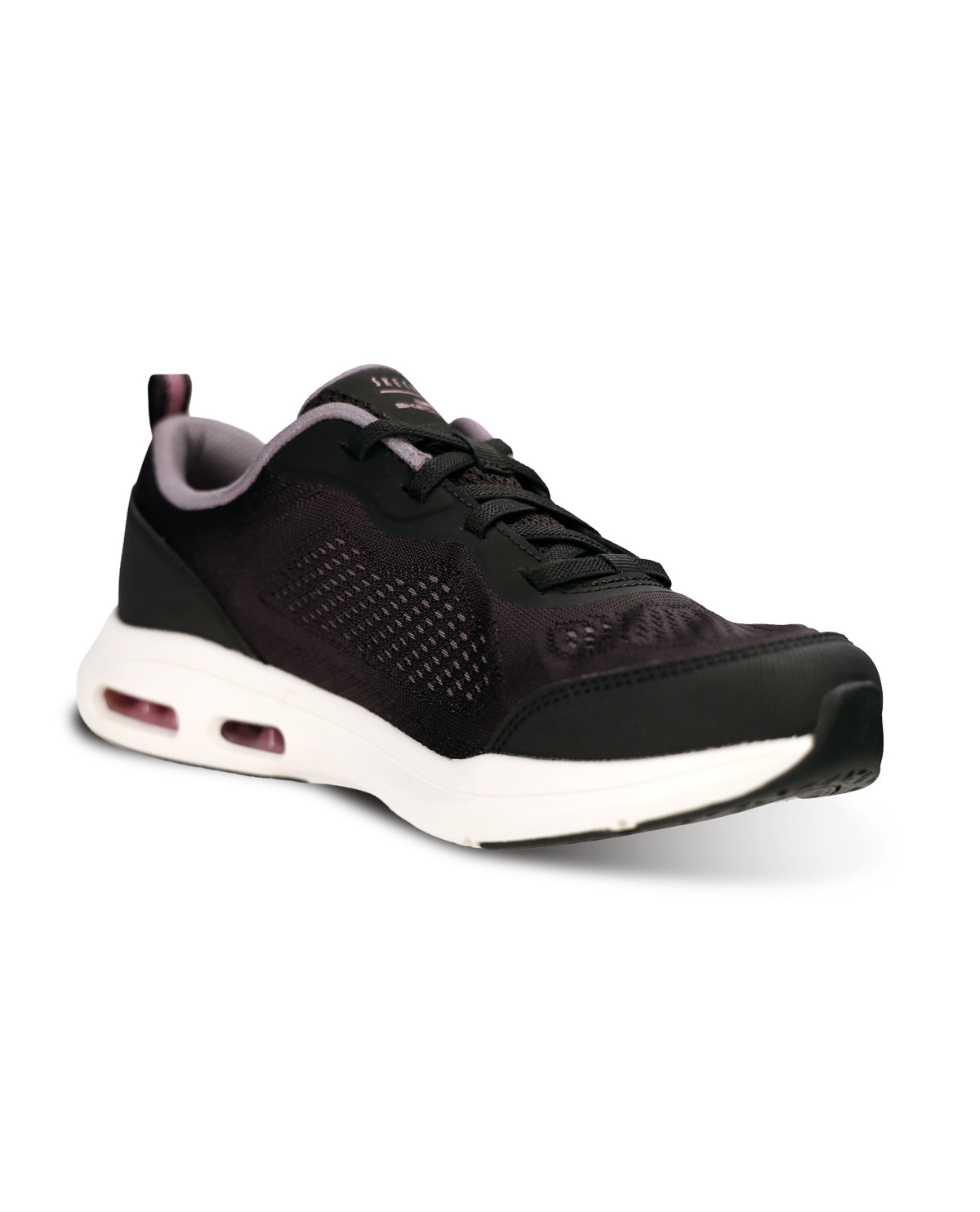 A black athletic sneaker with a white midsole and subtle pinkish-purple accents, shown from a three-quarters angle on a white background.