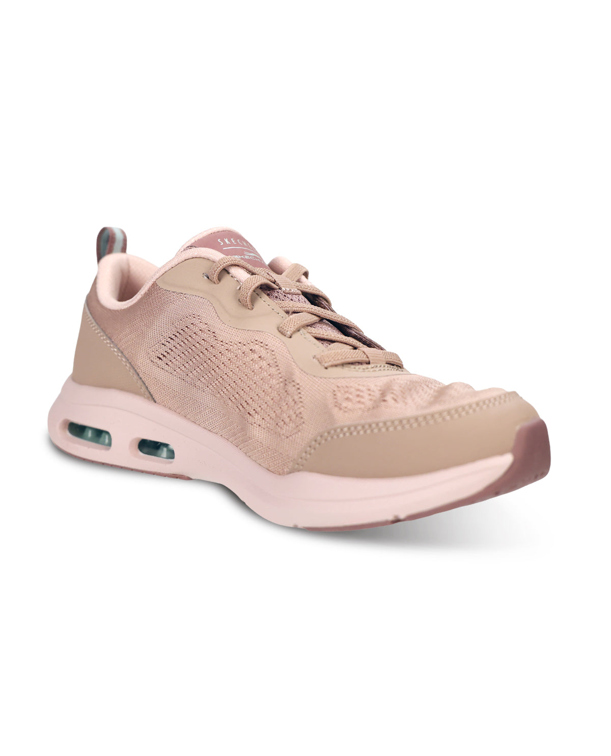 A light pink and beige athletic sneaker with a breathable mesh upper, matching laces, and a cushioned sole with visible air unit windows, shown on a white background.