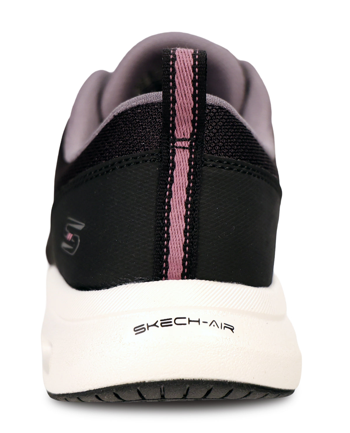 Close-up rear view of a Skechers athletic shoe in black with a dusty pink vertical stripe and a white midsole.