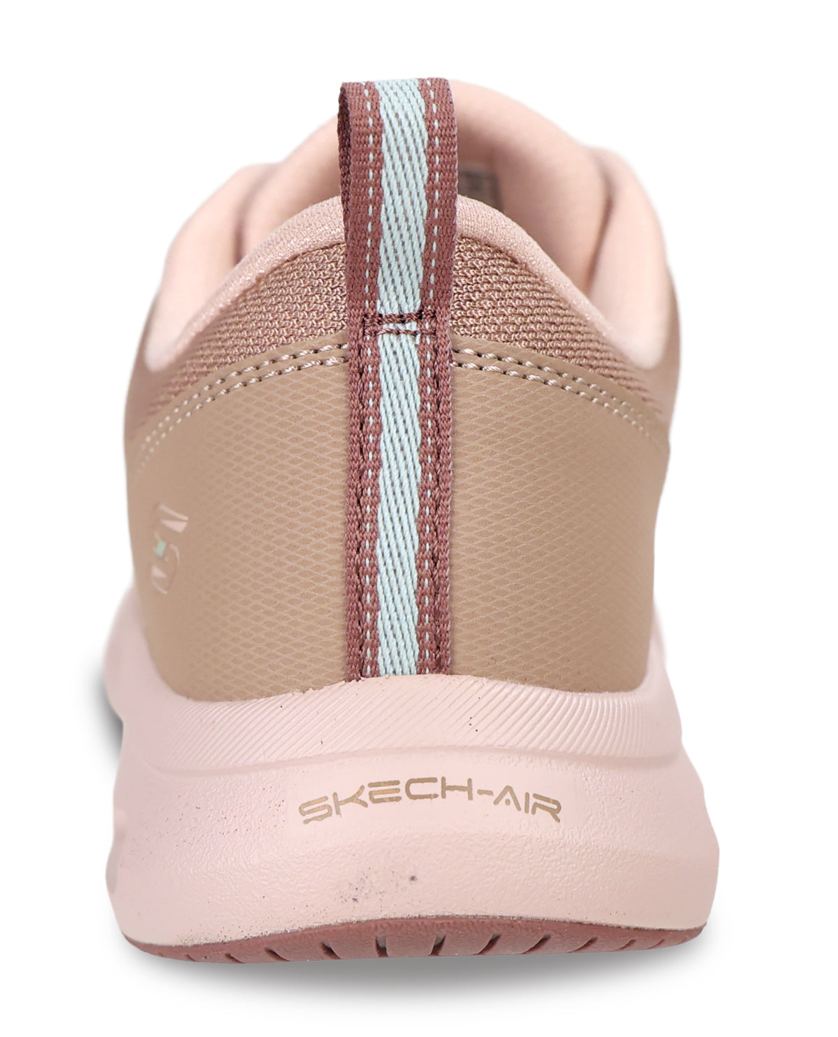 A close-up rear view of a Skechers shoe in light pink and beige, featuring a vertical light blue and mauve accent stripe on the heel.