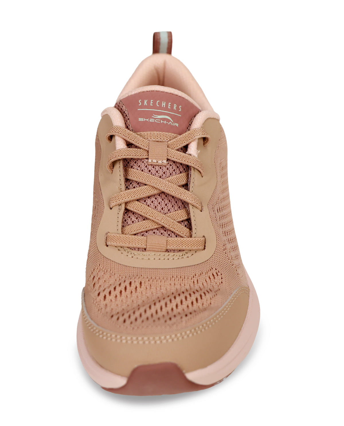 A Skechers athletic sneaker in a warm beige and dusty rose colorway, shown from a front-facing perspective on a solid white background.