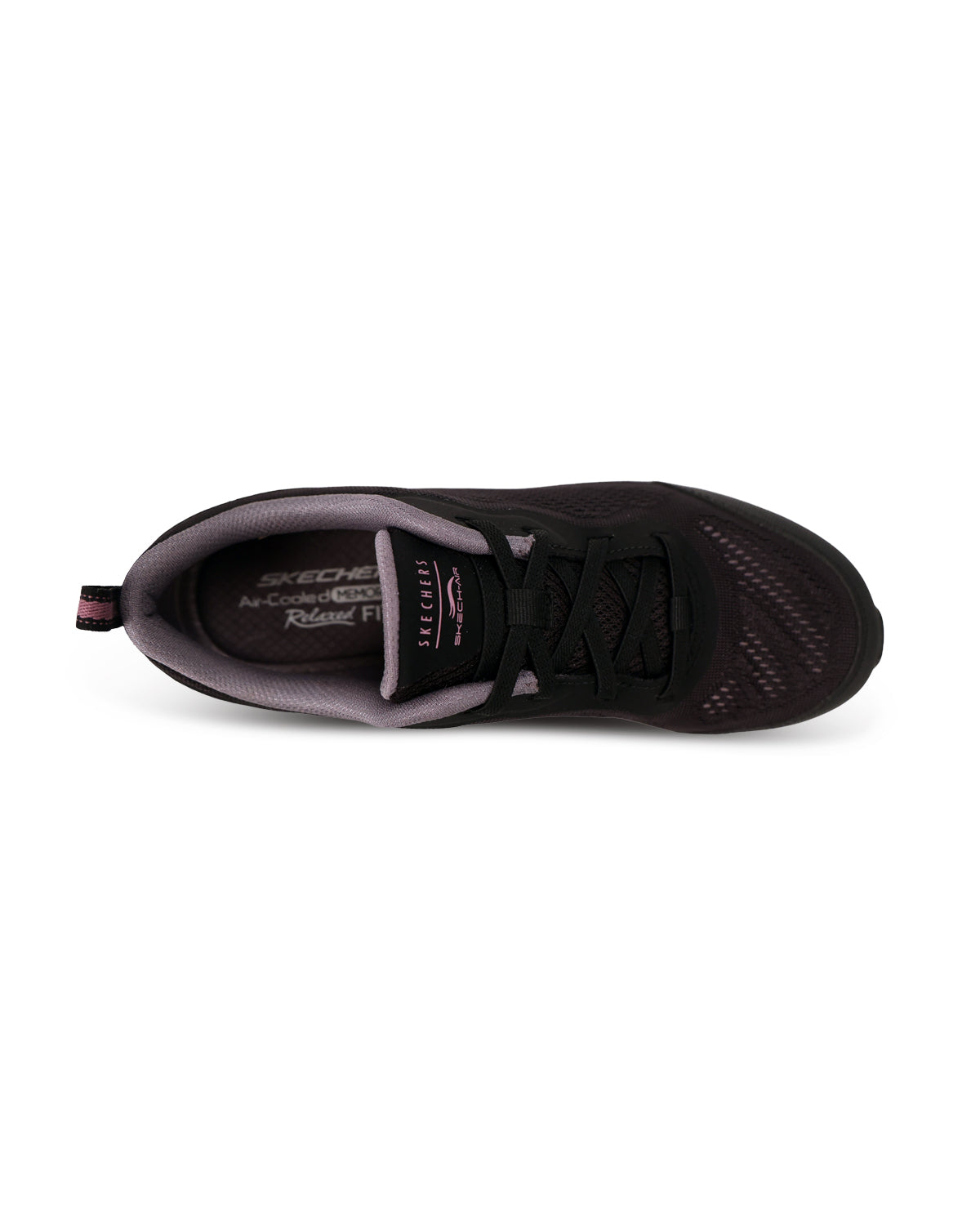 A Skechers N. Commute sneaker shown from a top-down view, featuring a black mesh and synthetic upper with a gray interior lining and laces.