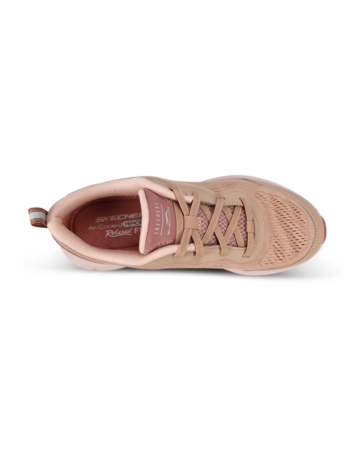 A single Skechers Relaxed Fit sneaker in a dusty rose pink color, shown from a top-down view against a plain white background.