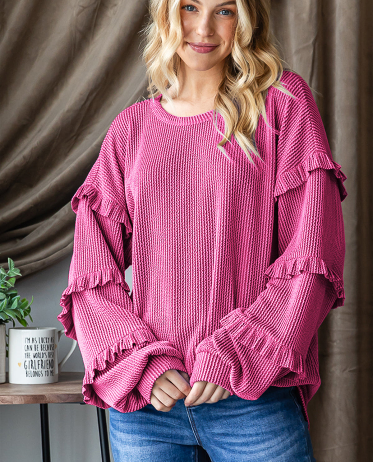 Urban Pink Ribbled Tunic with Ruffle Sleeves