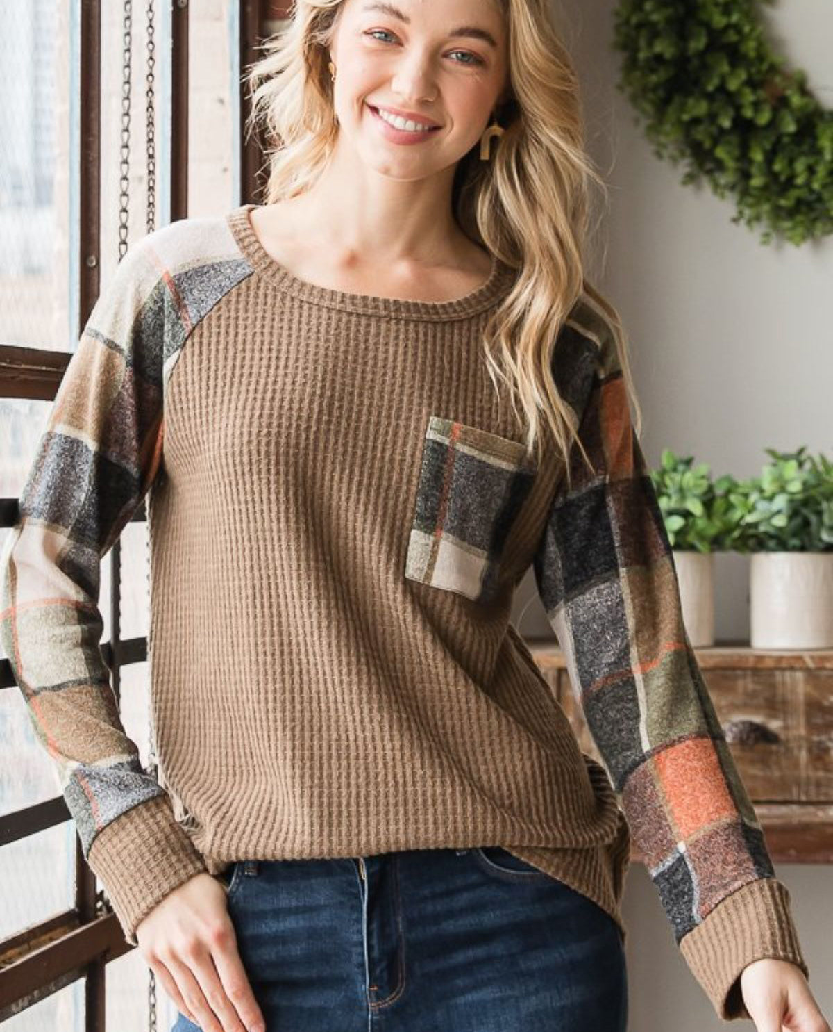 Waffle Knit Round Neck Solid Top with Plaid Sleeves