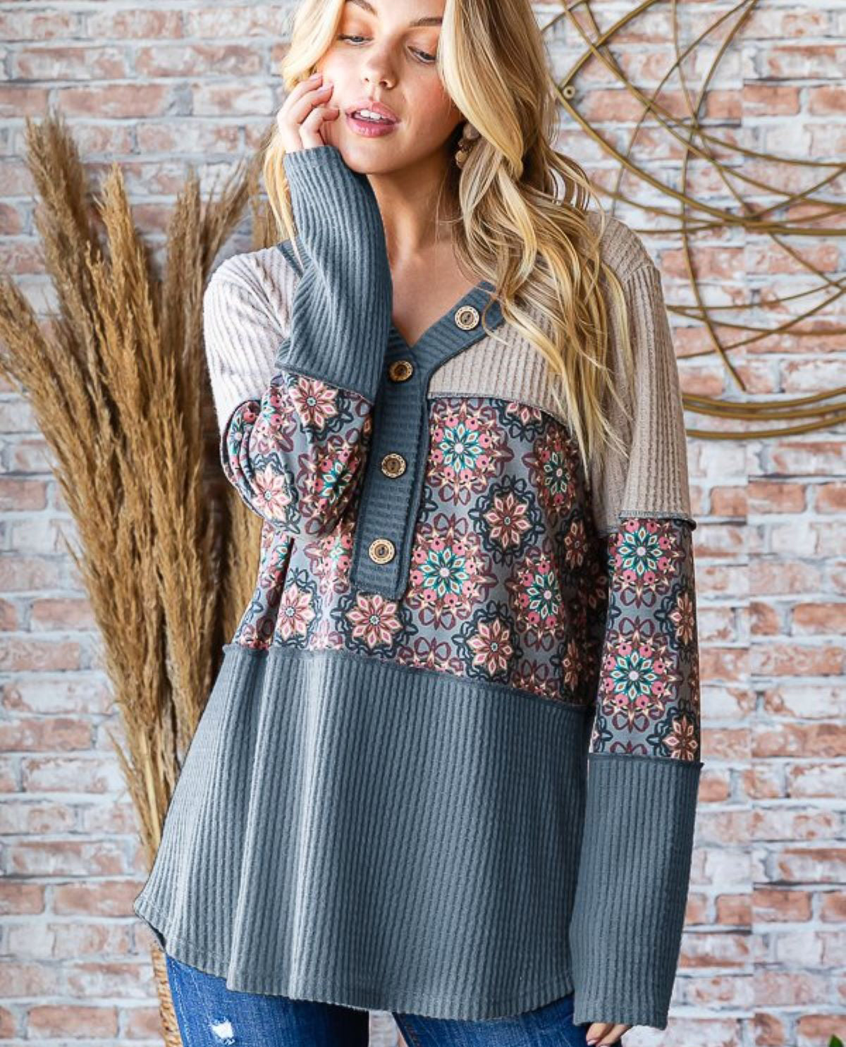 Waffle Colorblock Floral Tunic