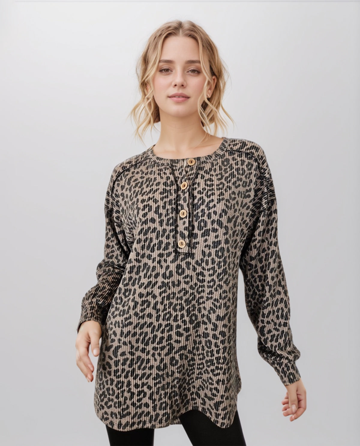 Leopard Print Ribbed Henley Long Sleeve Tunic