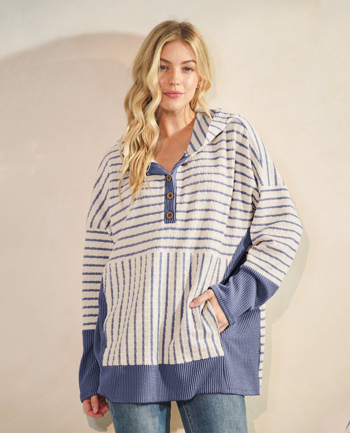 Heimish Textured Henley with Rib Trim Oversize Top
