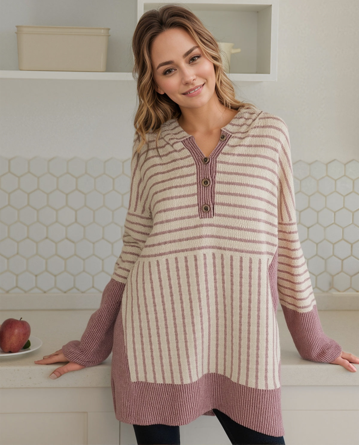 Jacquard Stripe Textured Henley Hoodie Top