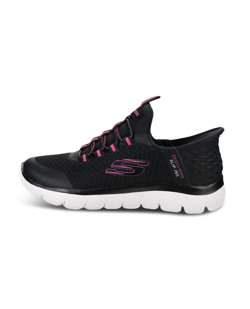 A black Skechers athletic sneaker with pink accents on the laces, tongue, and side logo, featuring a white midsole and a black outsole, shown against a plain white background.