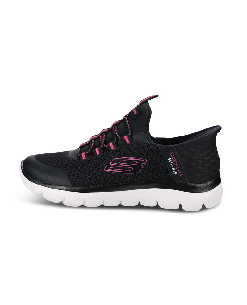 A black Skechers athletic sneaker with pink accents on the laces, tongue, and side logo, featuring a white midsole and a black outsole, shown against a plain white background.