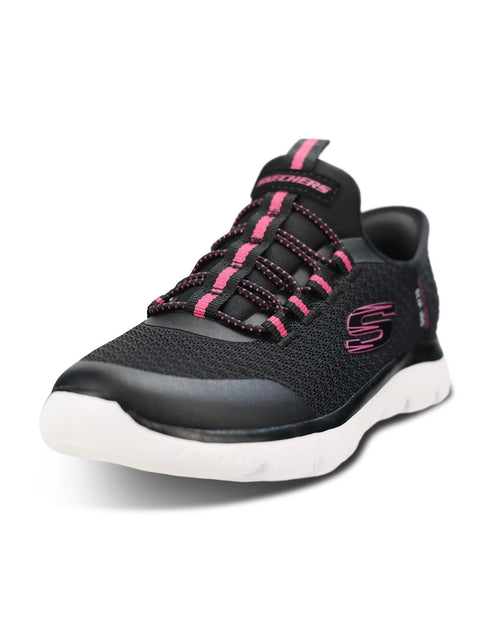 A black Skechers athletic sneaker with pink accents on the laces, tongue, and side logo, featuring a white midsole and a black outsole, shown against a plain white background.