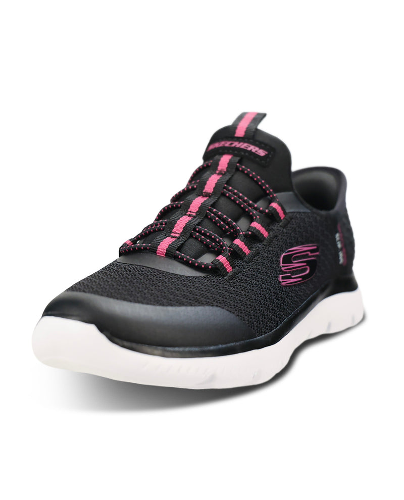 A black Skechers athletic sneaker with pink accents on the laces, tongue, and side logo, featuring a white midsole and a black outsole, shown against a plain white background.
