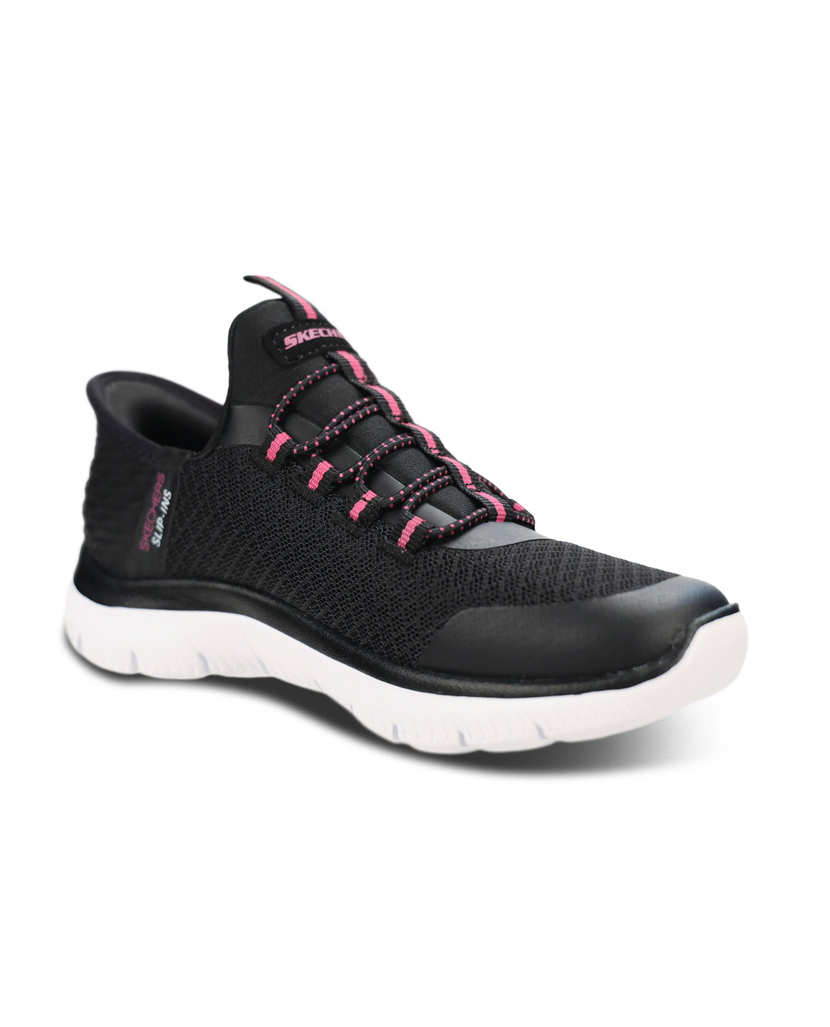 A Skechers athletic sneaker in black with pink laces and accents, featuring a white sole, shown from a three-quarters angle on a white background.