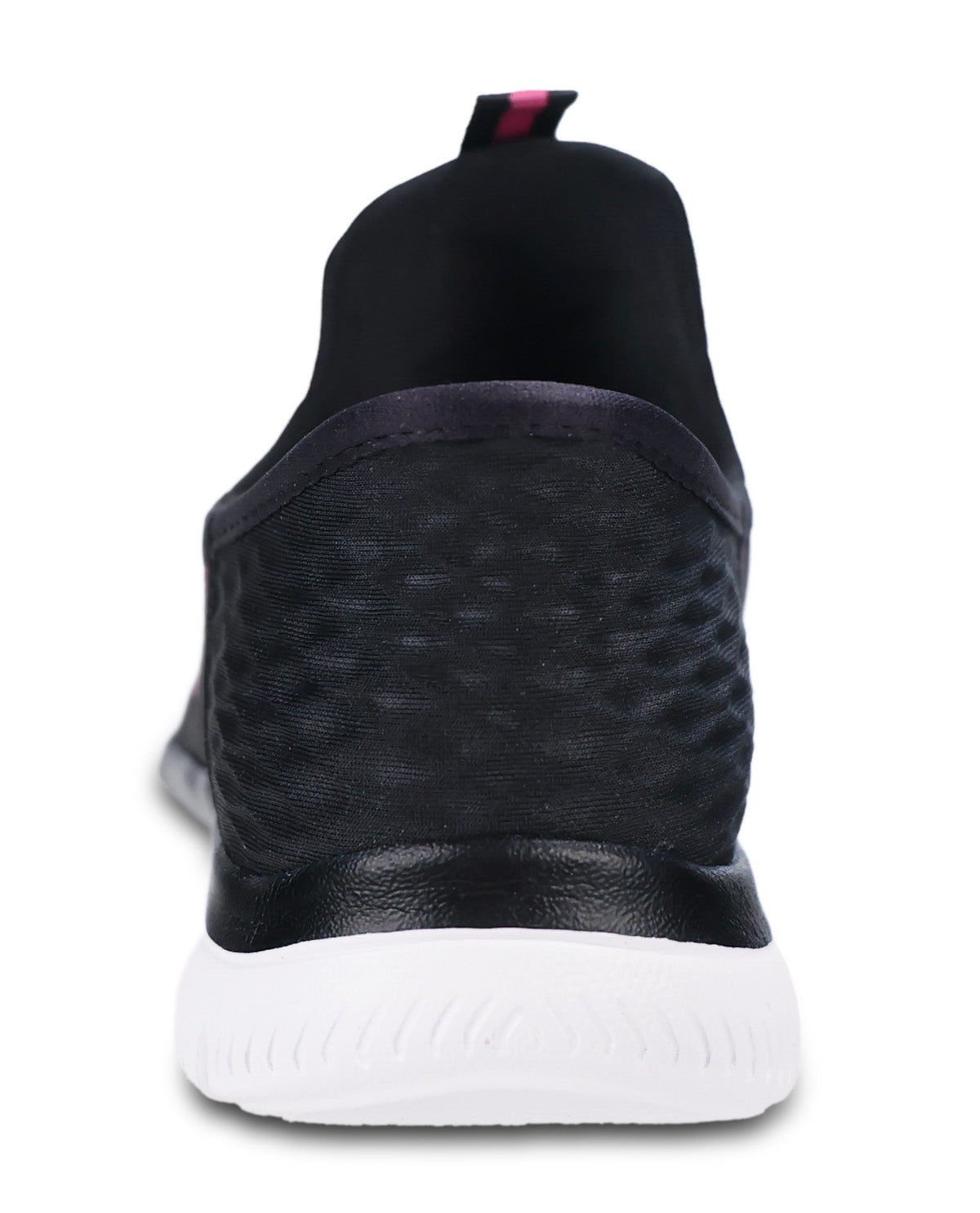 A close-up rear view of a black athletic sneaker with a textured knit upper and a thick white sole, shown on a plain white background.