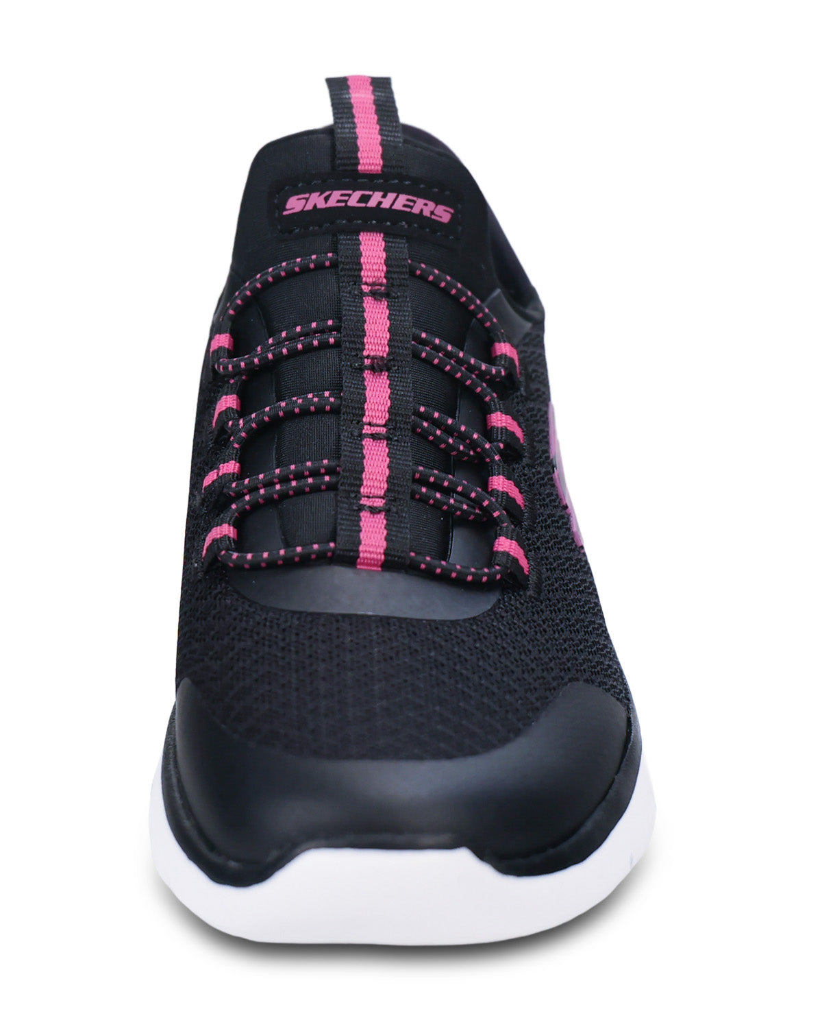 A Skechers athletic sneaker in black with vibrant pink accents on the laces, tongue, and heel, and a white midsole.