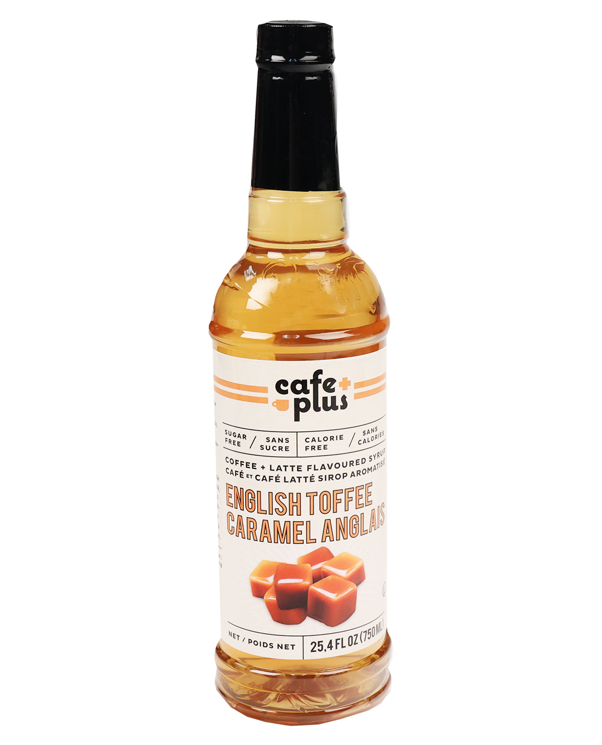 Bottle of Cafe Plus English Toffee Caramel syrup on a white background