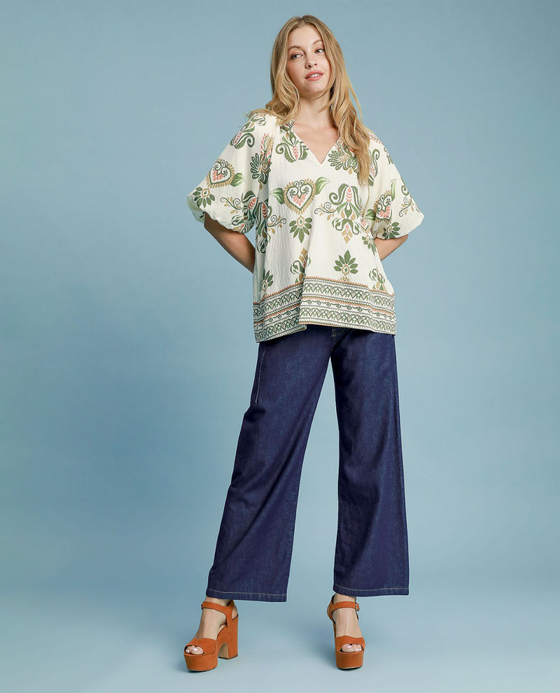 Two Tone V-Split Top with Bubble Sleeves