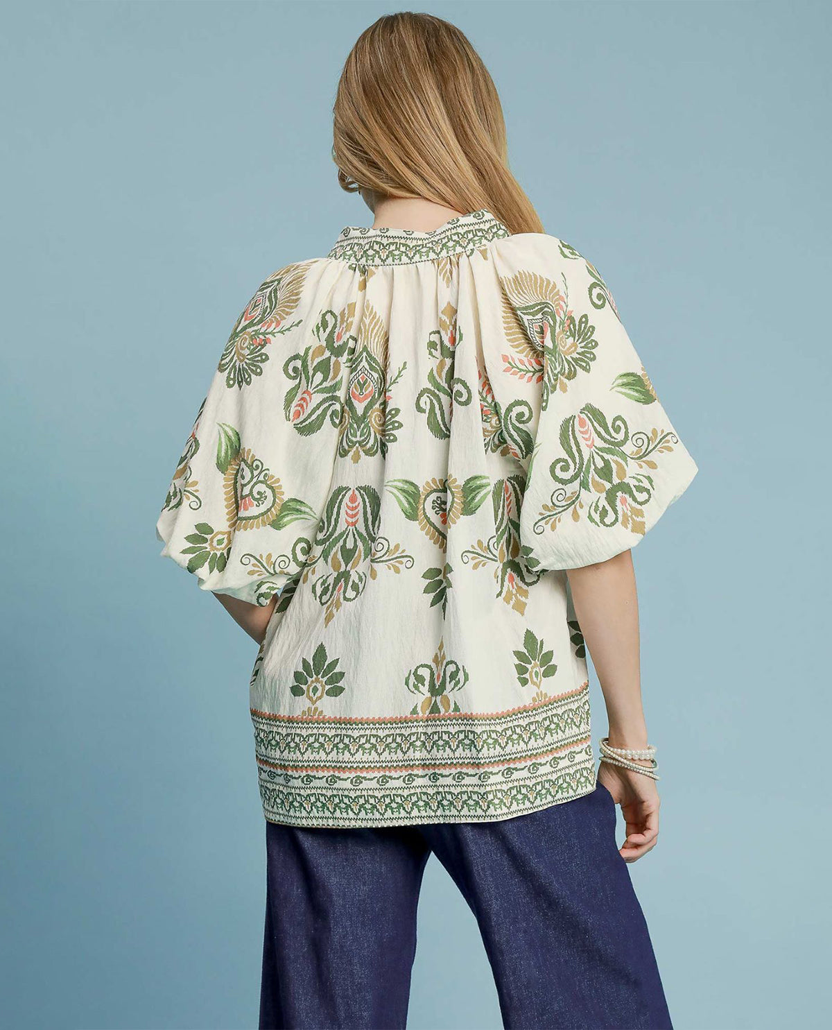 Two Tone V-Split Top with Bubble Sleeves