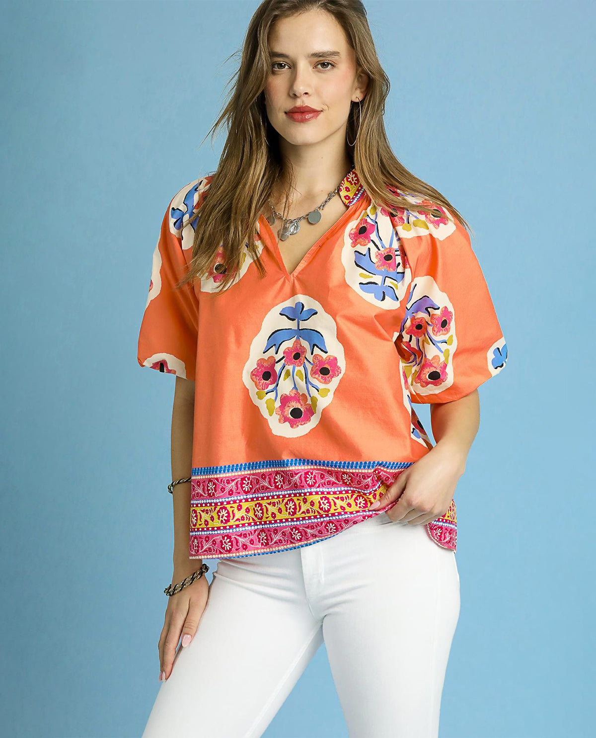 Vneck Print Top with Bubble Sleeves