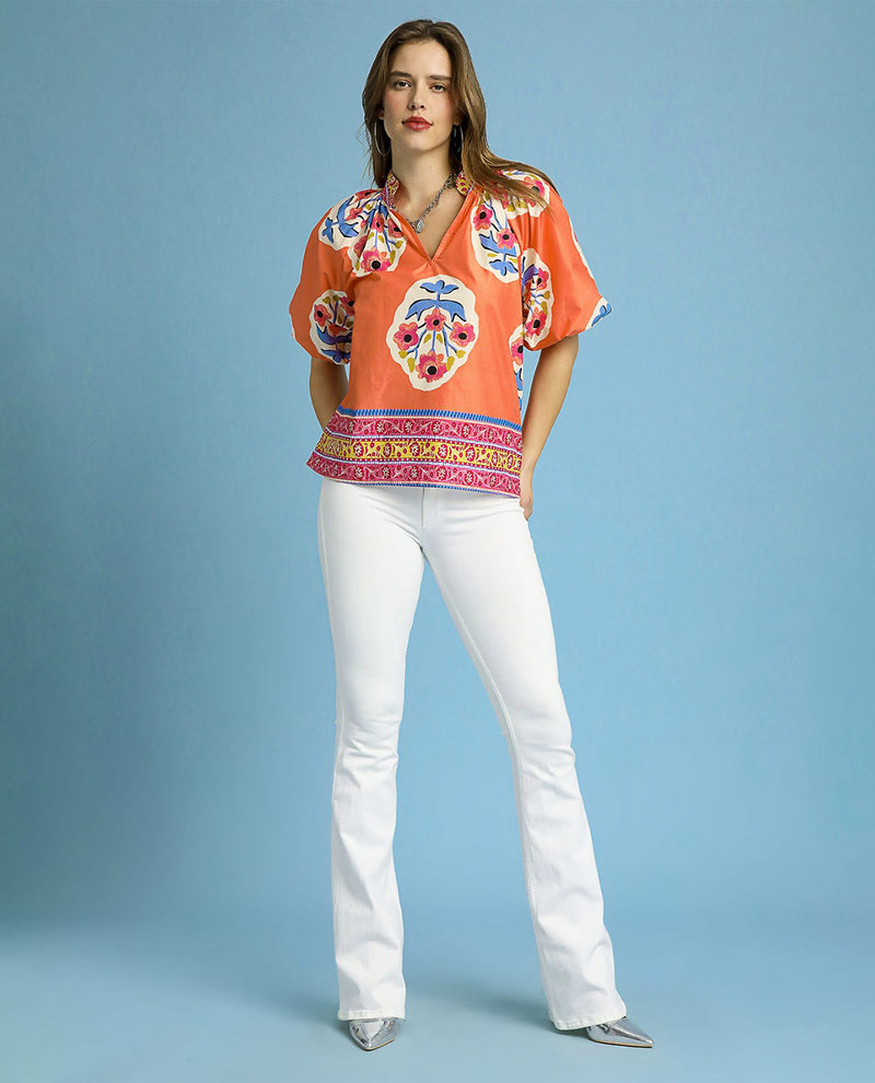 Vneck Print Top with Bubble Sleeves
