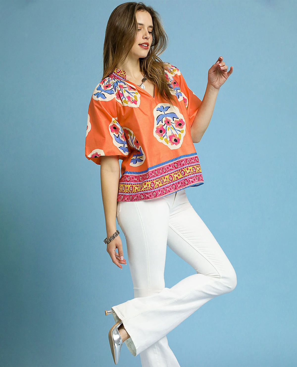 Vneck Print Top with Bubble Sleeves