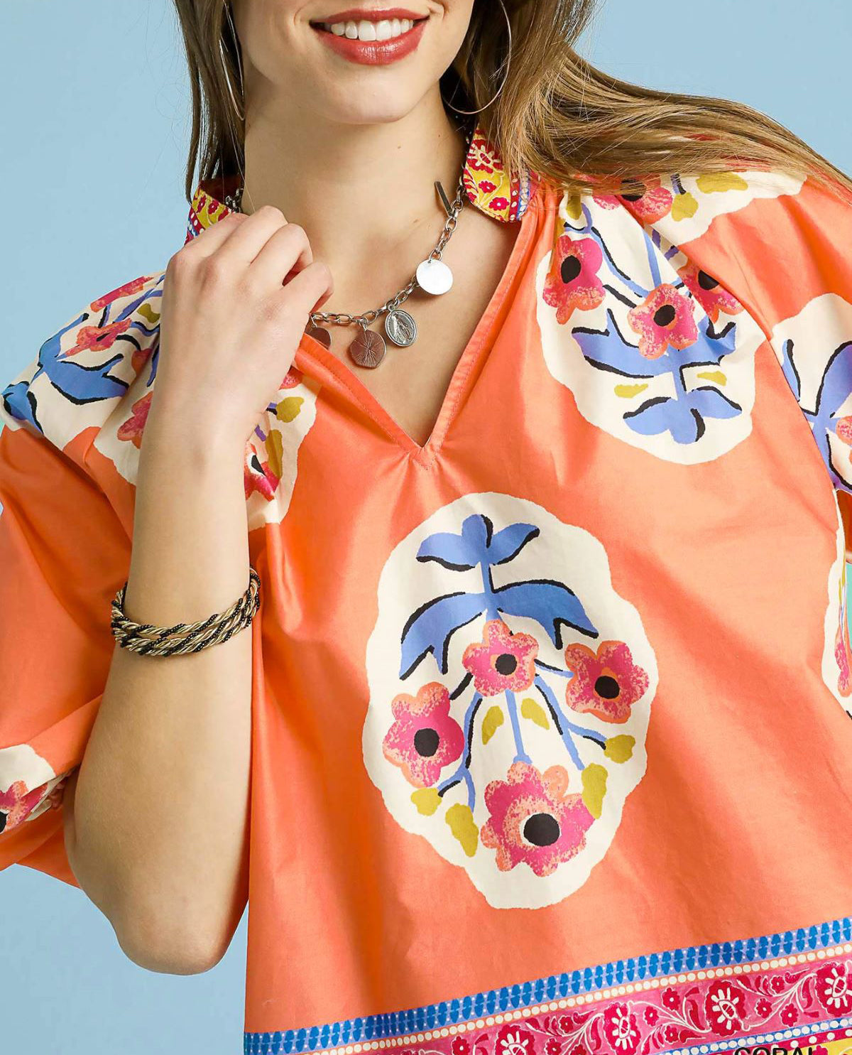 Vneck Print Top with Bubble Sleeves