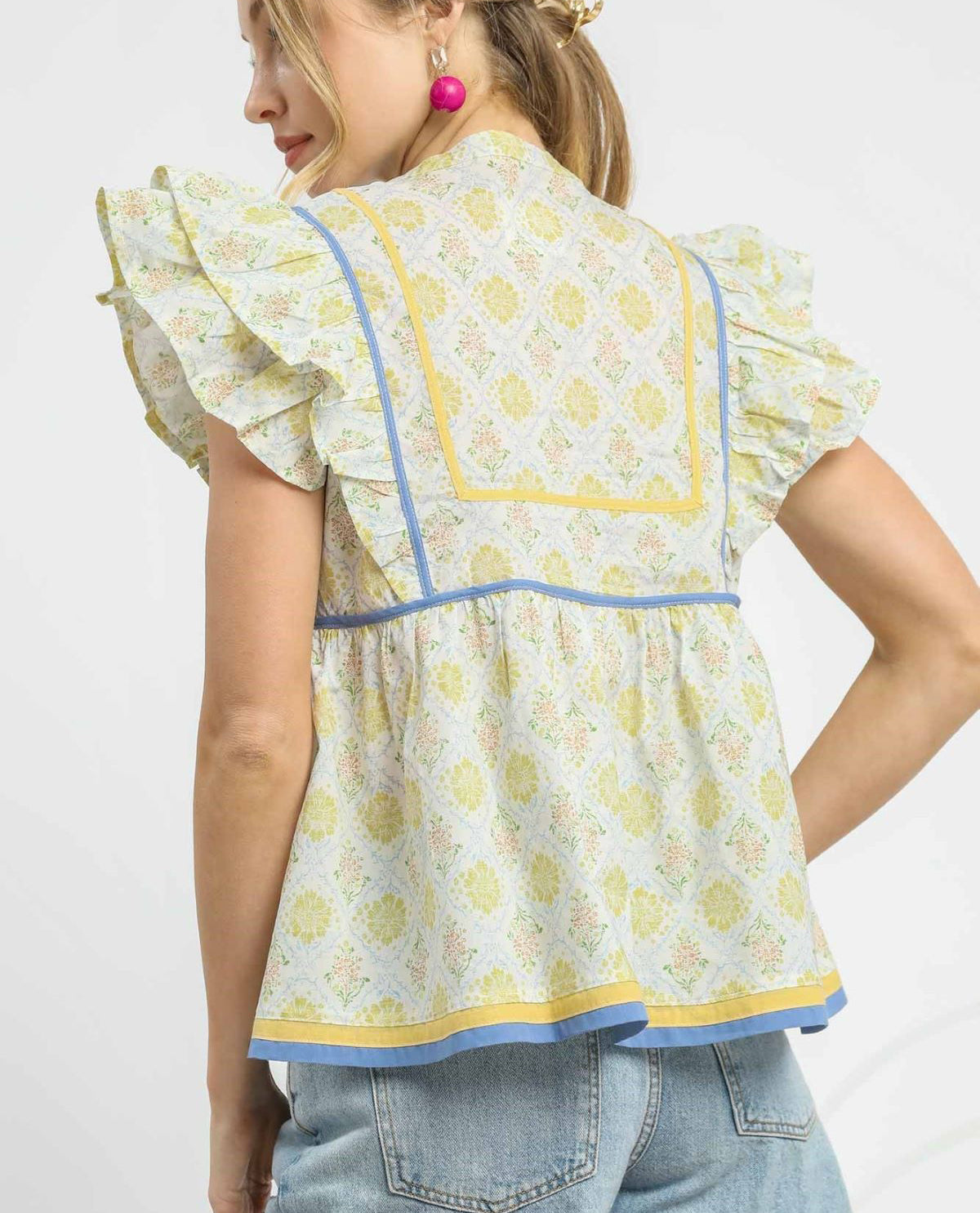 Floral Ruffle Sleeves Blouse with Split Neckline Tasseled ties and Flutter Ruffle Sleeves