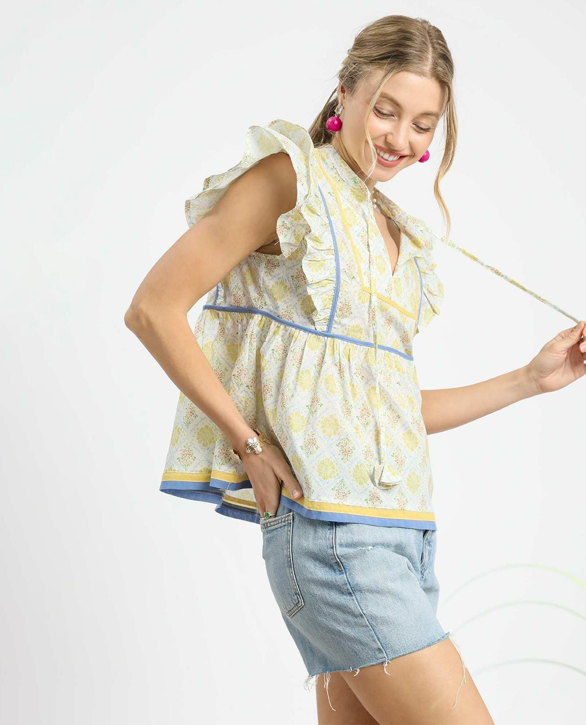 Floral Ruffle Sleeves Blouse with Split Neckline Tasseled ties and Flutter Ruffle Sleeves