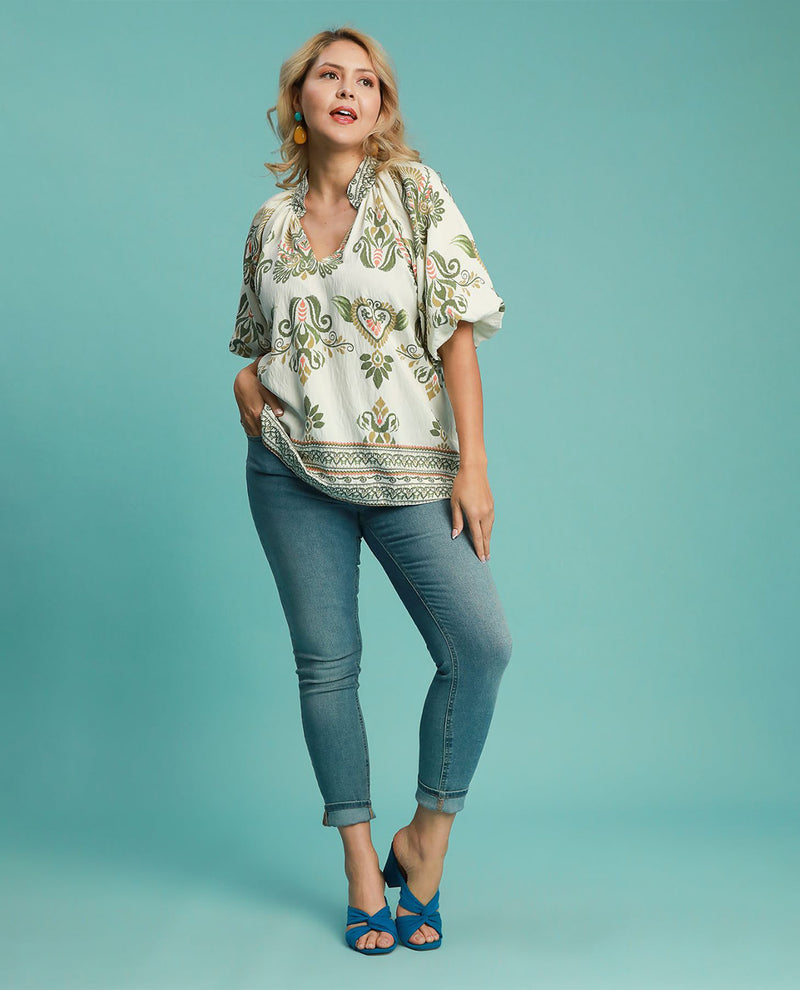 Plus Two Tone V-Split Top with Bubble Sleeves and Border Print