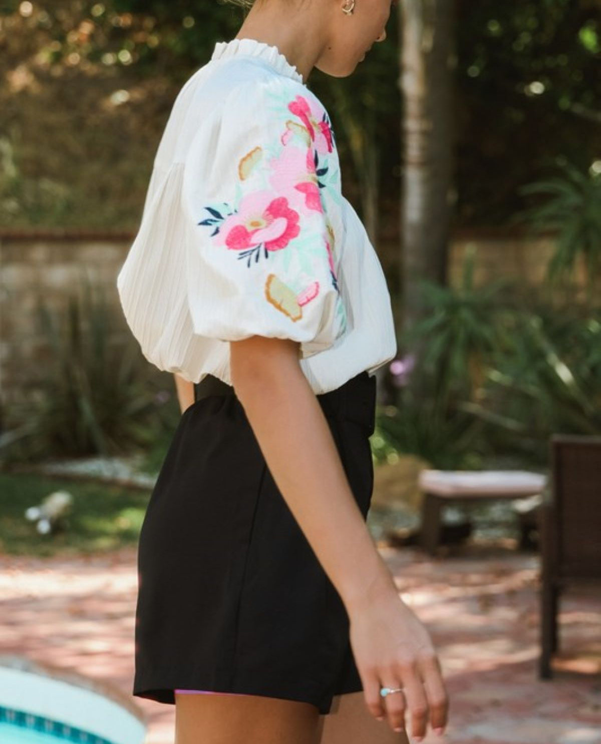 Plus Embroidered Balloon Sleeve Blouse