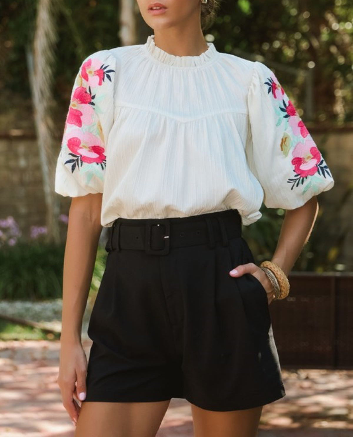 Flower Embroidered Balloon Sleeve Blouse